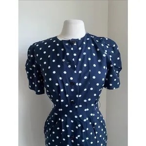 Vintage Polka Dot Navy Button-Front Dress Puff Sleeve Womens Sz 4 Petite thumbnail 3
