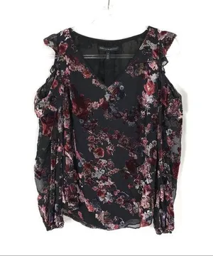 3/$30 White House Black Market | Black Velvet Floral Cold Shoulder Top 4 thumbnail 1