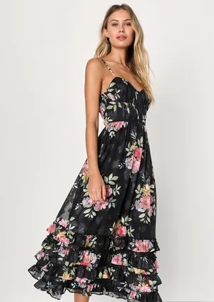 Lulus Elegant Radiance Classic Black Floral Print Ruffled Bustier Midi Dress M thumbnail 1