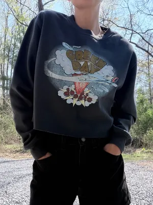 Green Day Graphic Women's Gray Crop Crewneck‎ Pullover Size Small thumbnail 1