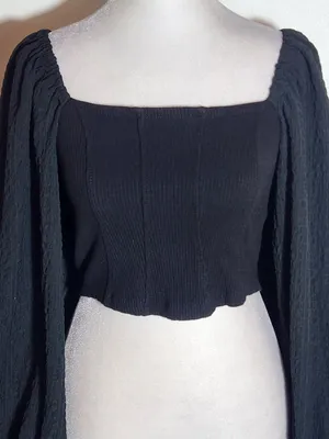 Urban Outfitters Black Ribbed Knit Square Neck Full Sleeve Crop Top Size Small thumbnail 2