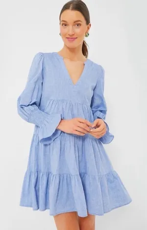 Pomander Place kenzo chambray Light Blue Tiered Long-Sleeve Dress size S EUC thumbnail 1