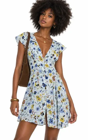 Zara Basic Floral Print Button Front Mini Dress White Blue Yellow Boho Size S thumbnail 1