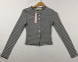 Qinsen Womens Striped Ribbed Knit Button Front Long Sleeve Cardigan Top Black S thumbnail 1