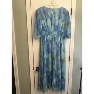 Sissyyaki Women’s XL Blue Green Watercolor Floral V Neck Empire Waist Maxi Dress thumbnail 14