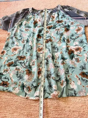Jodifl L Mint Floral Boho Peasant Blouse Rayon Balloon Sleeve V Neck Tunic Top thumbnail 4