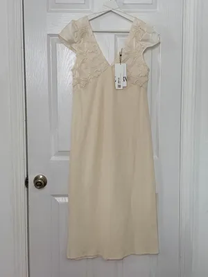 Zara Cream Lace Ribbed Midi Dress Cottagecore Romantic Coastal Summer Satin Sleeve M thumbnail 3
