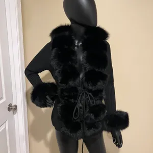 Real fox fur cardigan genuine fur collar trench coat parka jacket wool cape blazer thumbnail 5