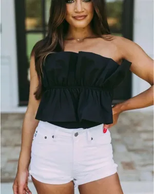 Black strapless ruffle top these three boutique  thumbnail 6