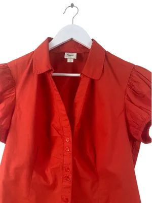 Anthropologie Maeve Red Short Puff Sleeve Ruched Blouse L thumbnail 4