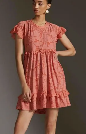 Anthropologie Coral Pink Ruffle Knit Mini Short Sleeve Dress - Size - Small thumbnail 1