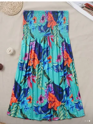 Tropical Turquoise Floral Midi Skirt with Smocked Waist thumbnail 1