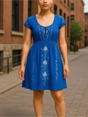 Anthropologie Lil Blue Scoop Neck White Embroidered Cap Sleeve Mini Dress Sz 4 thumbnail 15