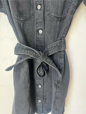 Abercrombie & Fitch Black Button-Front Denim Shirt Dress with Tie Waist size XS thumbnail 2