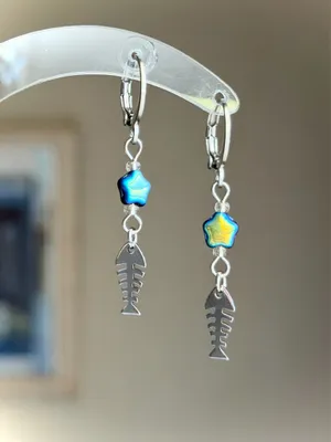 Handmade fish bone & star stainless steel unique funky dangle earrings🌀🐟💙⭐️ thumbnail 2