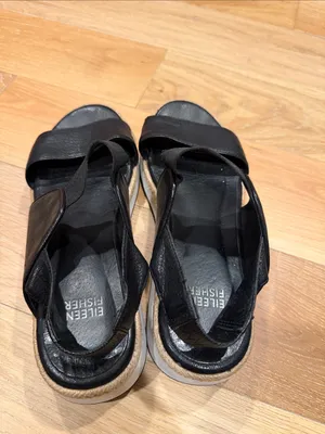 Eileen Fisher dash‎ strappy Black Leather Platform Espadrille Sandal 7 thumbnail 4