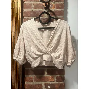 Zara 90s Minimal Plaid Wrap Crop Top Puff Sleeve Blouse S thumbnail 3