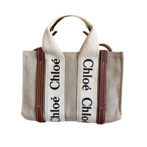 Chloé Mini Woody Tote White Brown Linen Canvas thumbnail 2