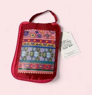 Evergreen Embroidered Pattern Raspberry Reusable Tote with storage Pouch Red thumbnail 1