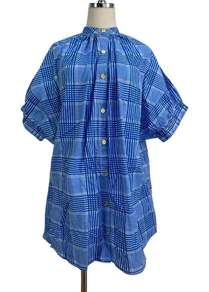 Never A Wallflower Elastic Sleeve Dress Blue Plaid Printed Cotton thumbnail 1