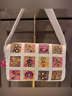 Boho Embroidered Floral Cream Shoulder Bag Patchwork Hand Sewn Beaded Purse NWT thumbnail 3