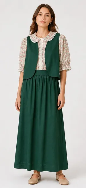Vintage Cottagecore Prairie Floral Maxi Dress Matching Vest Retro Teacher Indie thumbnail 1