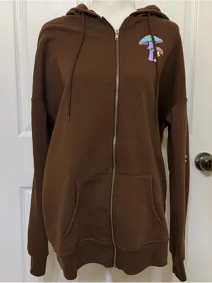 2000s style whimsical brown graphic oversized zip up hoodie w mushroom graphic thumbnail 4