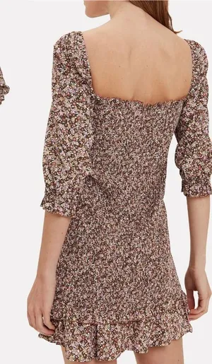 Faithfull The Brand Es‎ Saada Floral Smocked Dress Brown Pink Size 2 thumbnail 1
