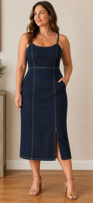 Steve Madden Denim Midi Dress Size 12 Dark Wash Fitted Spaghetti Strap EUC thumbnail 1