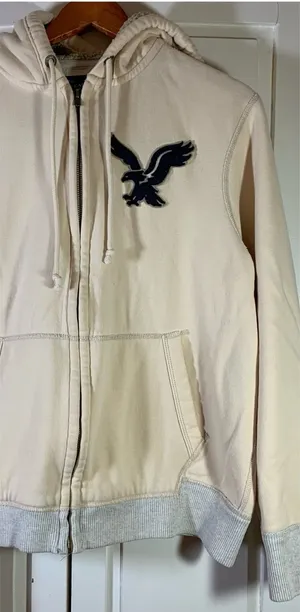 American Eagle Y2K Cream Sherpa Lined Zip Hoodie Athletic Fit‎ Large Eagle Logo thumbnail 1