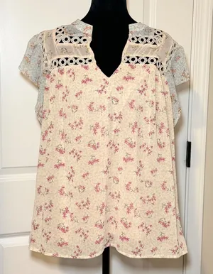 Entro Floral Patchwork Crochet Blouse Pink Blue Size Large Boho Fairy Cottage thumbnail 1