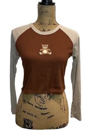 Brown & Cream Teddy Patch Long Sleeve Crop Top Size M thumbnail 1