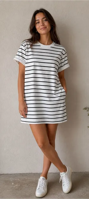 Honey Peach Striped Crewneck Tee - Black & White thumbnail 1