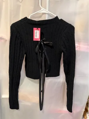 Edikted Black Cable Knit Cropped Sweater with Ribbon Detail Size S thumbnail 2