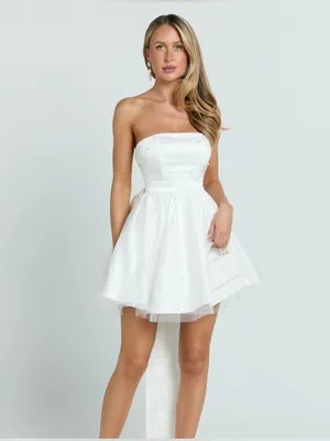 SHOWPO Cailene Strapless Bow Train Fit And Flare Mini Dress In Ivory thumbnail 5