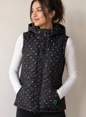 Burton Dryride‎ Puffer Vest Womens Medium Black Multicolor Square Print Hooded thumbnail 1