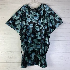 Women's leaf pattern velvet kaftan/dress blue/black & green OS made in US thumbnail 1
