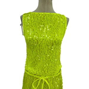 Lovers + Friends Erin Sequin Crop Top Mini Skirt Set Lime Green NWT Size Small thumbnail 4