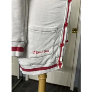 Triple Five Soul Button Up Cardigan Hoodie White Pink Varsity Y2K Retro thumbnail 4
