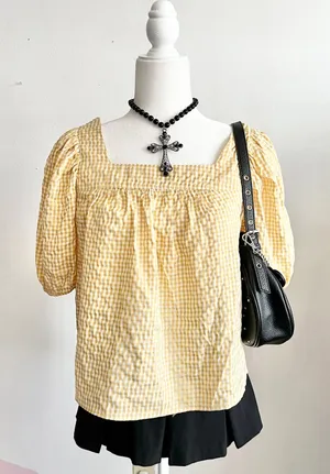 Yellow Gingham Top, Cottagecore, Coquette, Retro 60s, Small, Soft Girl, Vintage‎ thumbnail 1