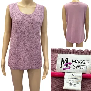 Vintage Cotton Maggie Sweet Sleeveless Knit Scalloped Scoop Neck Top Womens M thumbnail 3