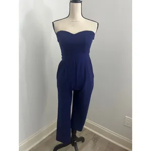 Express Strapless Jumpsuit size 0 Royal Blue Petite Sweetheart Neck Pockets Chic thumbnail 3