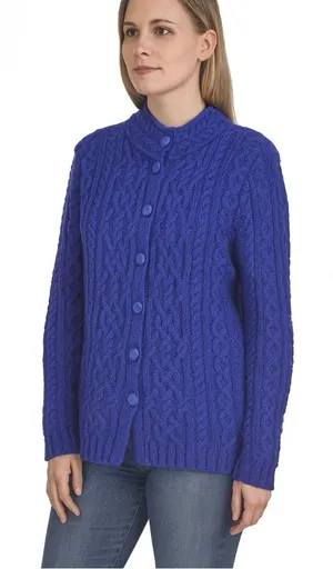 Aran Crafts Blue Merino Wool‎ Button Front Cardigan Sweater Size LARGE thumbnail 1