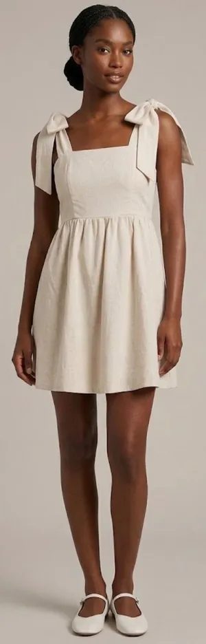 Miou Muse Linen Blend Tie Shoulder Mini Dress Oatmeal Beige Small Boho NWT thumbnail 1