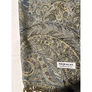 Luxurious Pashmina Silk Blend Scarf Gold Blue Paisley Tassel Fringe 26x72 winter thumbnail 5