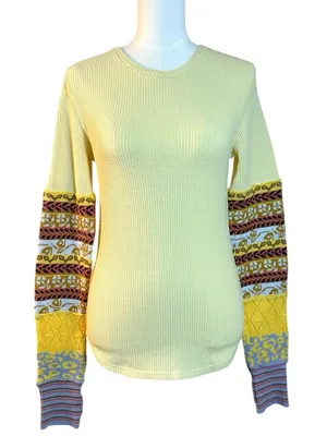 Free People All In Cuff Grunge 90s Thermal Sweater Crewneck Top Medium Yellow thumbnail 5