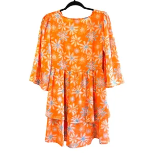 Pink Lily Morning Mimosas Mini Dress Orange‎ Floral Tiered Boho Women Medium thumbnail 6