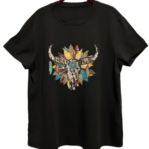 Black Western Graphic Tee with Bull Skull & Flower Design XL thumbnail 1