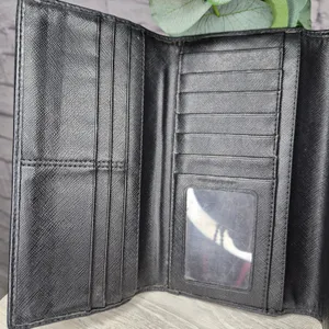 Coach Signature Jacquard Trifold Wallet Black Beige Canvas Leather Checkbook Y2K thumbnail 8