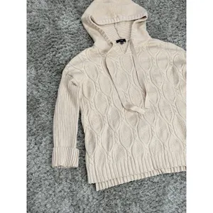 FATE Women Cable Knit Hoodie Sweater Cream Beige Long Sleeve Pullover Size M thumbnail 4